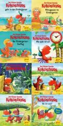 Sechs Buchcover mit dem Titel 'Der kleine Drache Kokosnuss'. Verschiedene Szenen im Kindergarten. Bunte Illustrationen mit Drachenfiguren. Themen: Kindergarten, Uhr, Rätsel, Abenteuer.