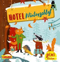 Buchcover mit dem Titel Hotel WinterSchlaf, Illustration mit Tieren im Winterwald, bunte Blätter und Schneeflocken, freundlich und einladend.