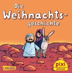Buchcover mit Titel Die Weihnachtsgeschichte. Illustration eines Mannes, einer Frau und einem Esel in einer Wüstenlandschaft bei Sonnenuntergang.