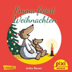 Weihnachtskarte mit Illustration von zwei Tieren, einem Bären und einem Mäuschen, vor einem Weihnachtsbaum. Text auf der Karte: Emma feiert Weihnachten.