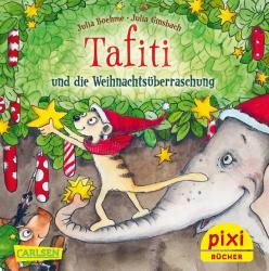 Buchcover mit grünen Blättern und Weihnachtsdekoration. Eine Maus trägt einen roten Weihnachtsmannhut und reicht einem Elefanten eine Sternschnuppe.