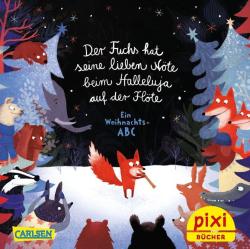 Kinderbuchcover mit Tieren im Winter, dunkler Himmel mit Sternen, Titel in der Mitte, weihnachtliche Stimmung.