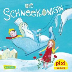 Buchcover mit blauer Hintergrundfarbe. Titel ist Die Schneekoenigin, Illustration zeigt eine Schneekoenigin mit Krone und zwei Kindern im Schnee.