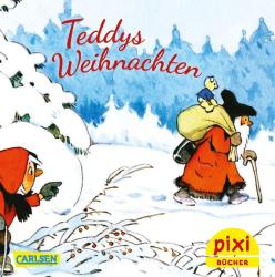 Weihnachtsbuch mit dem Titel Teddys Weihnachten. Illustration zeigt eine Schneelandschaft mit Teddybären und einem Kind im roten Mantel, das Schneebälle macht.