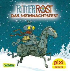 Buchcover mit Titel RITTERROST DAS WEIHNACHTSFEST. Illustration eines Ritterrosts auf einem Pferd im Schnee, winterliche Szene mit Schneeflocken.