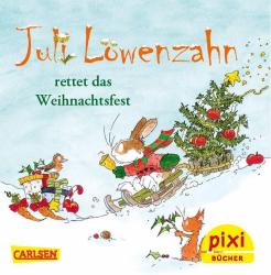 Buchcover mit dem Titel Jul Lowenzahn rettet das Weihnachtsfest. Illustration eines Hasen auf einem Schlitten neben einem Weihnachtsbaum.