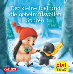 Kinderbuch mit Titel Der kleine Igel und die geheimnisvollen Spuren. Illustration zeigt einen kleinen Igel mit roter Mütze und einen kleinen schwarzen Hund im verschneiten Wald.