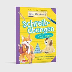 Buchcover mit dem Titel Schreibübungen für die 1. und 2. Klasse. Illustrationen von Tieren und buntem Hintergrund.