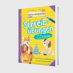 Buchcover mit dem Titel Schreibübungen für die 1. und 2. Klasse. Illustrationen von Tieren und buntem Hintergrund.