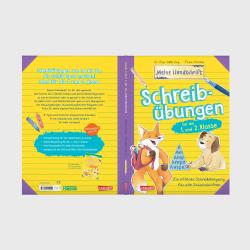 Buchcover mit dem Titel Schreibübungen für die 1. und 2. Klasse. Illustrationen von Tieren und buntem Hintergrund.