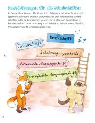 Buchcover mit dem Titel Schreibübungen für die 1. und 2. Klasse. Illustrationen von Tieren und buntem Hintergrund.