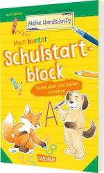 Buchcover mit dem Titel Mein bunter Schulstart-block. Abgebildet sind ein Hund und ein Eichhörnchen, umgeben von bunten Stiften.