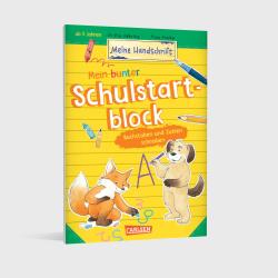 Buchcover mit dem Titel Mein bunter Schulstart-block. Abgebildet sind ein Hund und ein Eichhörnchen, umgeben von bunten Stiften.