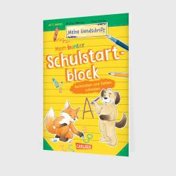 Buchcover mit dem Titel Mein bunter Schulstart-block. Abgebildet sind ein Hund und ein Eichhörnchen, umgeben von bunten Stiften.