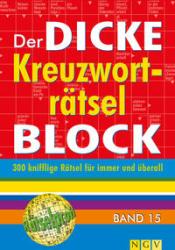 Buchcover mit rotem Hintergrund. Titel: Der Dicke Kreuzwortraetsel Block, Band 15.