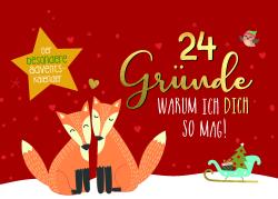 Rotes Adventskalender Bild mit goldener Schrift und Illustration von zwei glücklichen Füchsen, Weihnachtsbaum im Schlitten, kleine Herzen und Schneeflocken. Text auf der linken Seite: Der besondere Adventskalender.