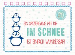 Weißer Hintergrund mit blauen Pinguinen, Schneeflocken und einem Rahmen. Text in rot und türkis, Titel: Ein Spaziergang mit dir im Schnee.