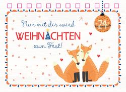 Weihnachtskarte mit zwei schlafenden Füchsen, Weihnachtskugel mit der Zahl 24, bunte Schneeflocken und Herzen, rote und blaue Dekorationen, Schriftzug mit Weihnachtswünschen.