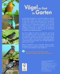 Buchcover mit dem Titel 'Vögel zu Gast im Garten'. Abbildungen von Vögeln und Nistkästen.