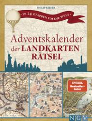 Buchcover mit dem Titel 'Adventskalender der Landkarten Rätsel'. Enthält historische Karten und eine Luftballon-Illustration.