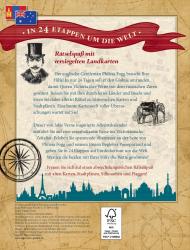 Bild mit einer alten Weltkarte im Hintergrund, eine Illustration eines Mannes mit Zylinderhut und Schnurrbart, ein Kompass und eine Skyline mit bekannten Wahrzeichen. Überschrift in rotem Banner: In 24 Etappen um die Welt.