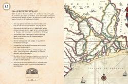 Alte Karte von Bengalen mit farblich markierten Inseln und Flussläufen, Text auf der linken Seite in Deutsch. Rechts eine historische Karte mit Inseln und Wasserwegen.