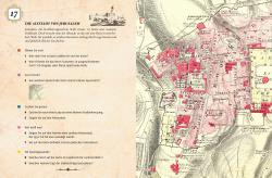 Historische Karte von Jerusalem mit Stadtteilen, Straßen und wichtigen Gebäuden. Beschriftungen in Deutsch, farbige Markierungen für verschiedene Bereiche.