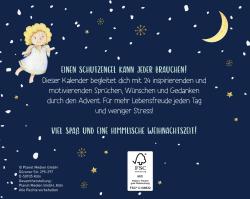 Himmlischer Weihnachtskalender mit blauer Hintergrund, goldenen Sternen und einer kleinen Engel-Figur. Enthält 24 inspirierende Sprüche und Wünsche für die Adventszeit.