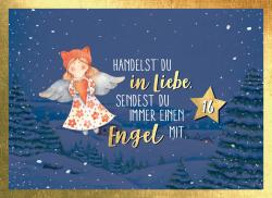 Weihnachtliche Karte mit einem Engel, der ein rotes Herz hält. Im Hintergrund Schneefall und Tannenbäume.
