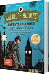 Buchcover von 'Sherlock Holmes' Adventskalender der Logikraetsel. Illustration eines Detektivs vor Big Ben.
