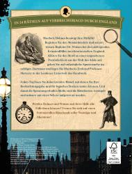 Buchcover mit Überschrift in goldener Schrift 'In 24 Rätseln auf Verbrecherjagd durch England'. Enthält Illustrationen von Sherlock Holmes und einer Taschenuhr, Hintergrund mit Stadtplan.