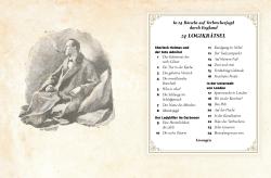 Schwarz-weiße Illustration eines sitzenden Mannes mit Pfeife, in formeller Kleidung, auf einem hellen Hintergrund. Rechts ein Text mit einer Liste von Rätseln und Lösungen.