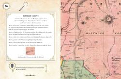 Seite mit Text über die sechs Tatorte von Sherlock Holmes, mit einer kleinen Karte und einem Symbol eines Sherlock Holmes Profils. Der Text beschreibt die Tatorte und gibt Hinweise.