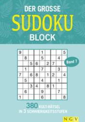 Buchcover mit dem Titel 'Der grosse Sudoku Block'. Enthält 380 Sudoku-Rätsel in drei Schwierigkeitsstufen.