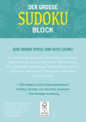 Buchcover mit dem Titel 'Der grosse Sudoku Block'. Enthält 380 Sudoku-Rätsel in drei Schwierigkeitsstufen.