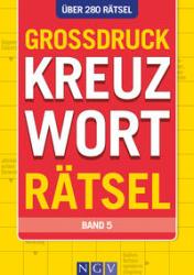 Buchcover mit rotem Titel 'GROSSDRUCK KREUZWORTRÄTSEL'. Gelber Hintergrund. Hinweis auf über 280 Rätsel. Band 5.