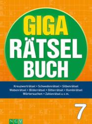 Buchcover mit grünem und orangefarbenem Hintergrund. Titel: 'GIGA RÄTSELBUCH 7'. Enthält verschiedene Rätselarten wie Kreuzworträtsel und Bilderrätsel.