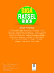 Buchcover mit grünem und orangefarbenem Hintergrund. Titel: 'GIGA RÄTSELBUCH 7'. Enthält verschiedene Rätselarten wie Kreuzworträtsel und Bilderrätsel.