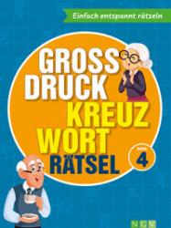 Buchcover mit dem Titel 'Grossdruck Kreuzwortraetsel Band 4'. Abgebildete Figuren sind ein älterer Mann und eine ältere Frau.
