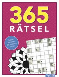 Buchcover mit dem Titel '365 Rätsel'. Hintergrund in Pink, mit einem Rätselgitter und einem dekorativen Muster.