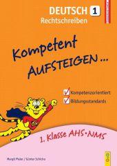 Buchcover mit dem Titel 'Deutsch 1 Rechtschreiben'. Gelber Hintergrund, ein cartoonartiger Löwe und Aufzählung von Inhalten.
