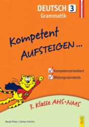 Buchcover mit dem Titel 'Deutsch 3 Grammatik'. Ein gelbes Maskottchen mit einem roten Shirt ist abgebildet.