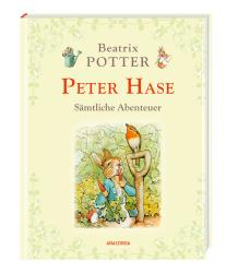 Buchcover von Beatrix Potter mit dem Titel 'Peter Hase'. Illustration eines Hasen im Garten mit einer Schaufel.