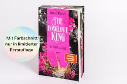 Buchcover mit dem Titel 'The Foxglove King'. Dominierende Farben sind Pink und Schwarz, mit einer goldenen Krone.