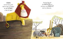 Buchcover mit gelbem Hintergrund. Titel: 'Der Löwe in dir'. Abbildung eines Löwenkopfes mit einer Maus auf dem Kopf. Illustrationen von Rachel Bright und Jim Field.