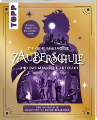 Buchcover mit dem Titel 'Die geheimnisvolle Zauberschule und das magische Artefakt'. Silhouette einer Person vor einer Schlosslandschaft.