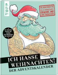 Buchcover mit einem tätowierten Weihnachtsmann. Titel: Ich hasse Weihnachten! Der Adventskalender.