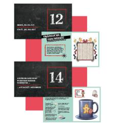 Zwei Karten mit den Zahlen 12 und 14. Grafiken und Texte zu Geschenken und einem Datum.