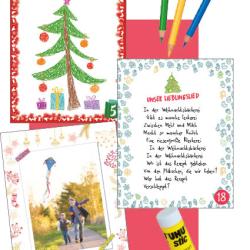 Bunte Zeichnung eines Weihnachtsbaums mit Geschenken. Neben einem Text über ein Lieblingslied.