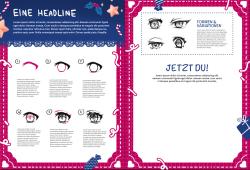 Zweiseitiges Layout mit weihnachtlichem Thema. Linke Seite mit blauer Hintergrund, weiße Überschrift, Schneeflocken, Zuckerstangen, Sternen und Text. Rechte Seite mit pinkem Rahmen, Skizzen von Augen, Textabschnitten, Weihnachtsdeko, Geschenkboxen, Herz- und Schleifenmotiven.